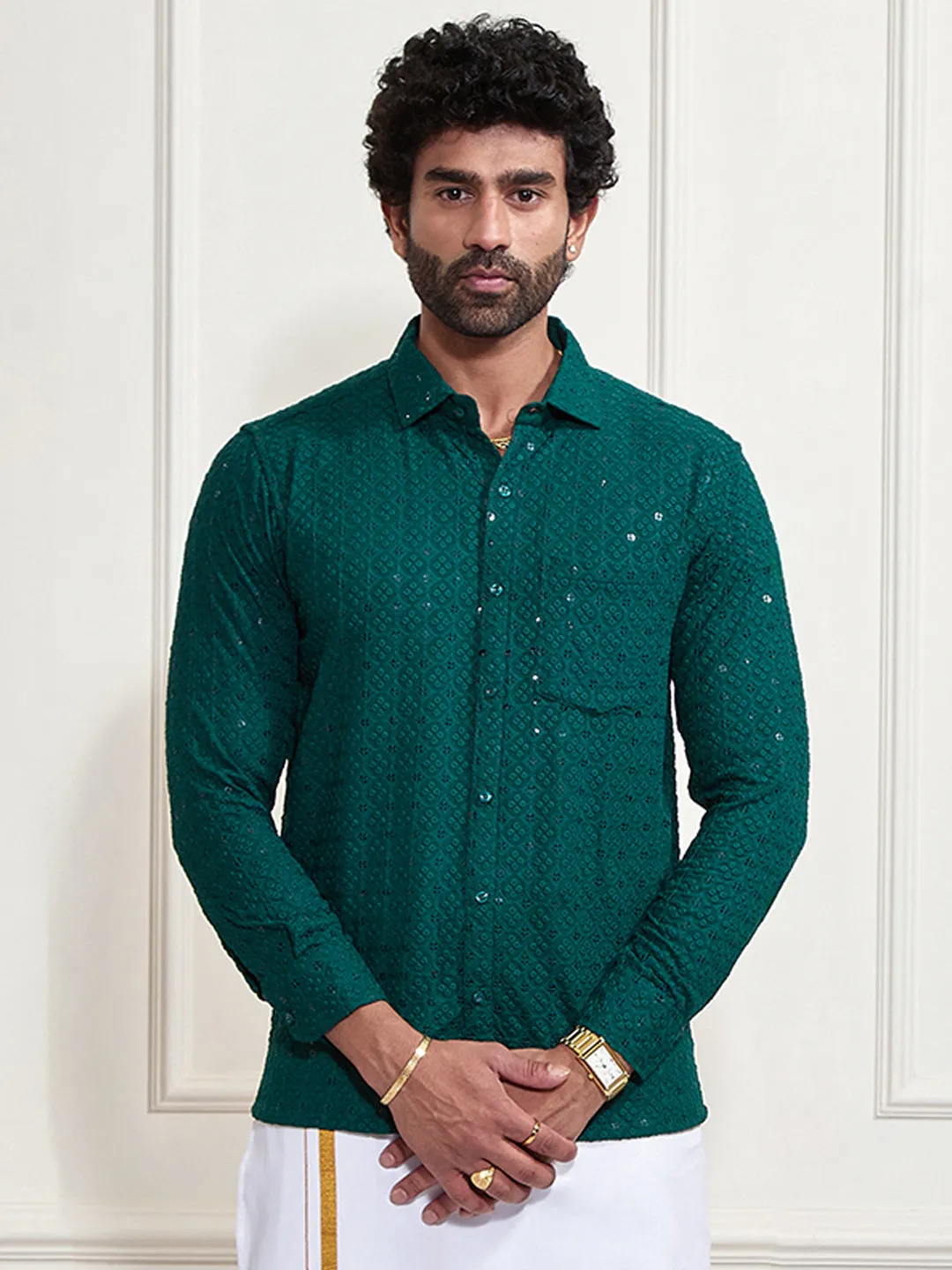 VASTRAMAY Men's Green Rayon Embellished Shirt
