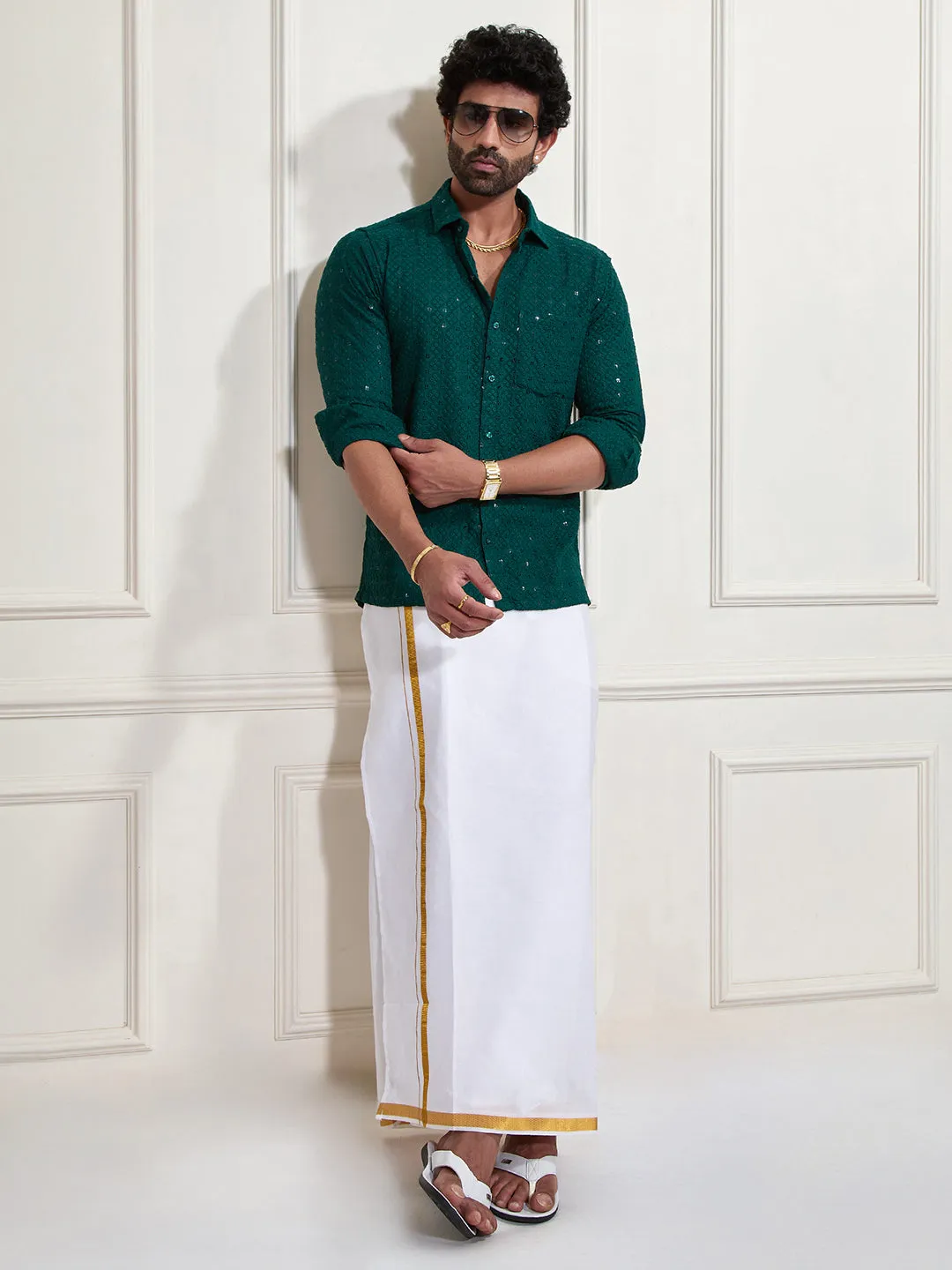 VASTRAMAY Men's Green Rayon Embellished Shirt