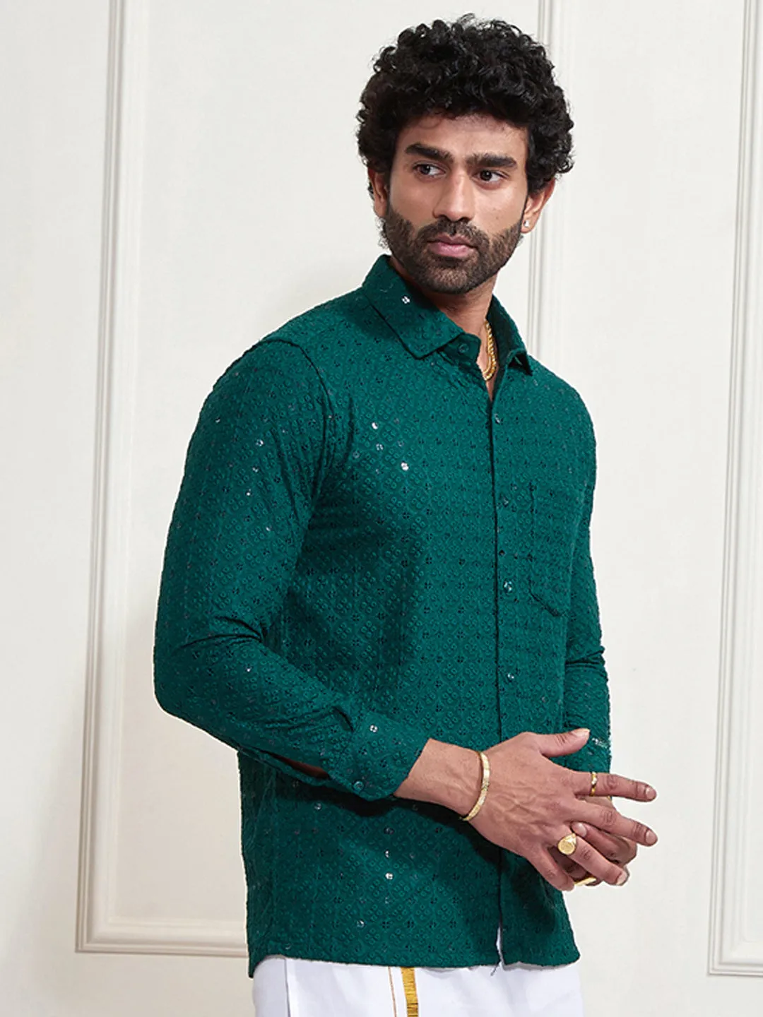 VASTRAMAY Men's Green Rayon Embellished Shirt