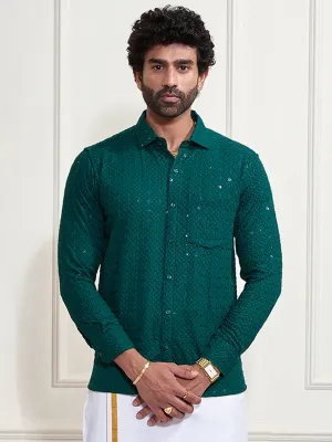 VASTRAMAY Men's Green Rayon Embellished Shirt