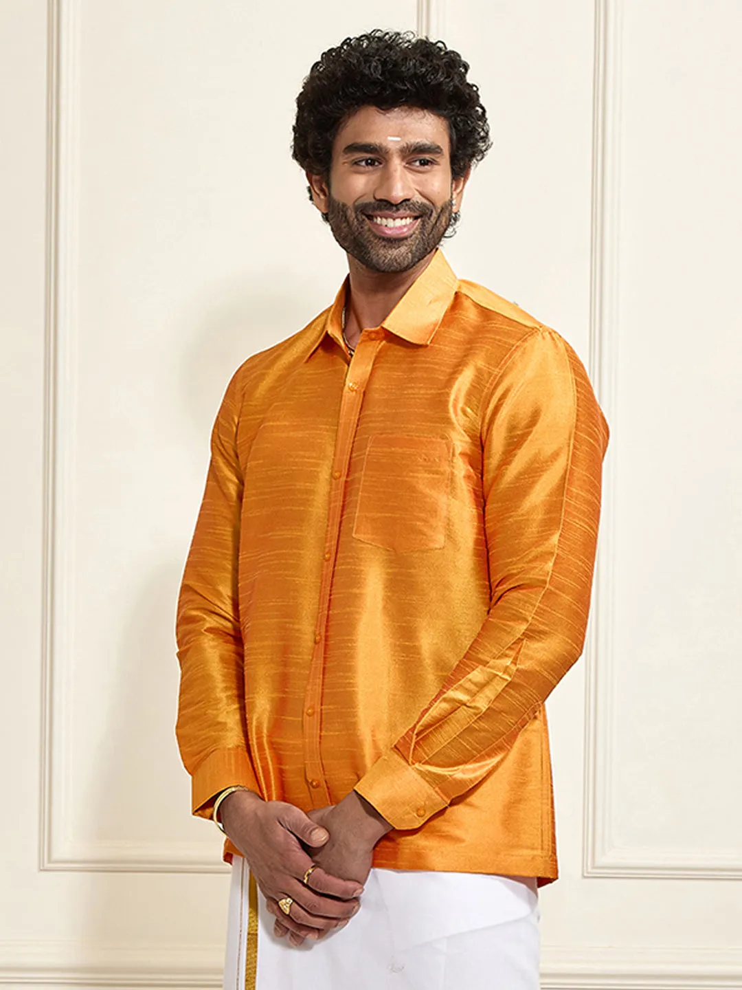 VASTRAMAY Men's Orange Silk Blend Ethnic Shirt