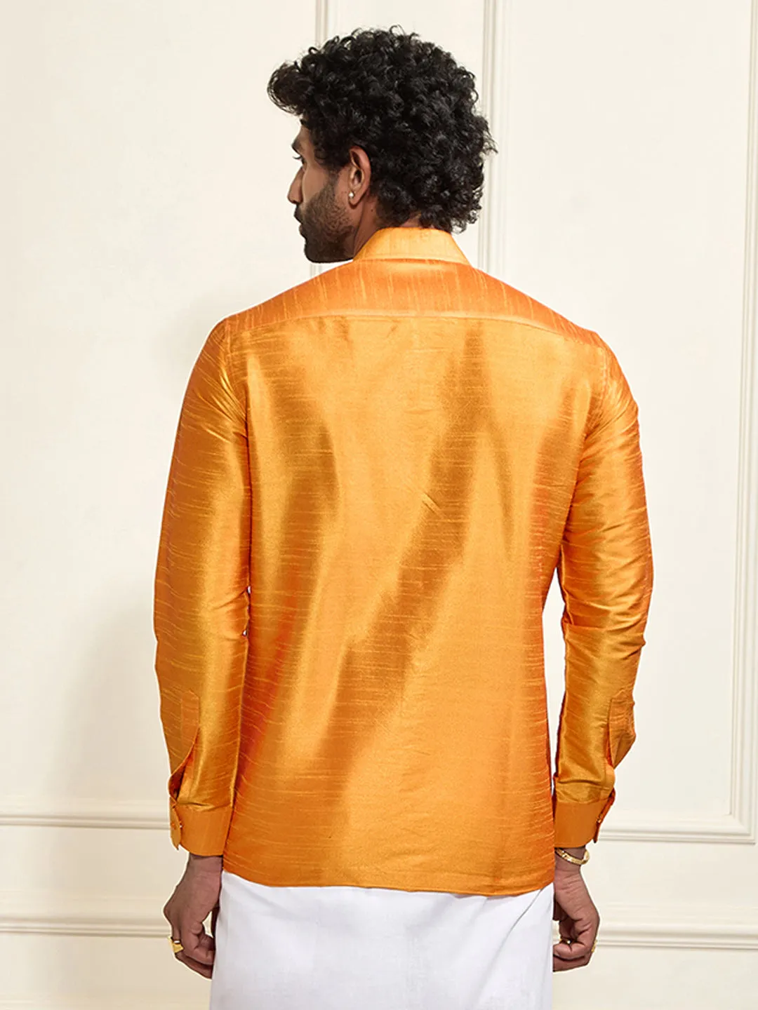 VASTRAMAY Men's Orange Silk Blend Ethnic Shirt