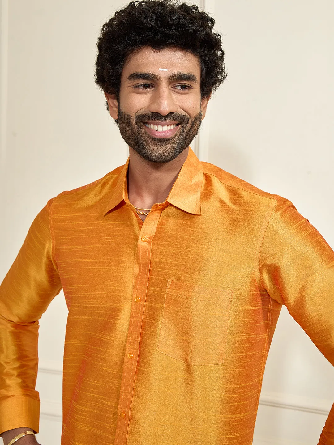 VASTRAMAY Men's Orange Silk Blend Ethnic Shirt