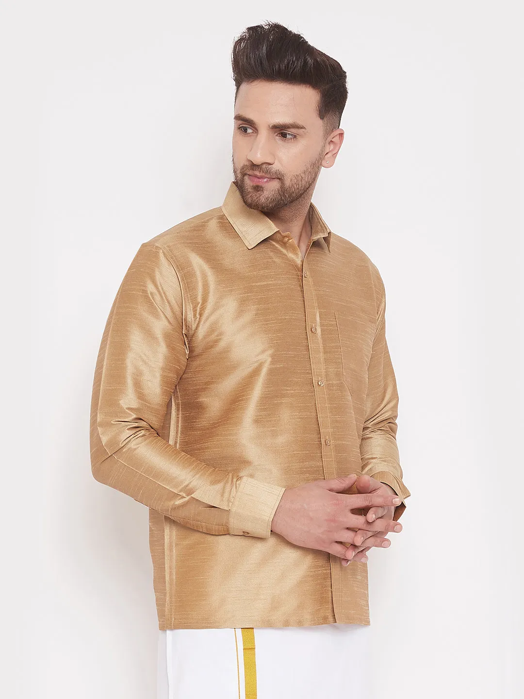 VASTRAMAY Men's Rose Gold Silk Blend Ethnic Shirt