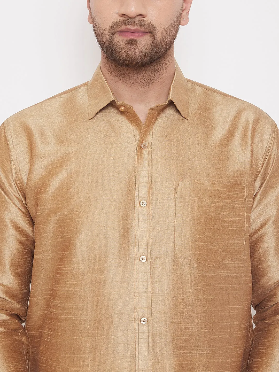 VASTRAMAY Men's Rose Gold Silk Blend Ethnic Shirt