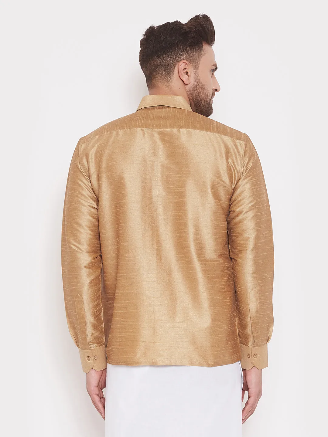 VASTRAMAY Men's Rose Gold Silk Blend Ethnic Shirt