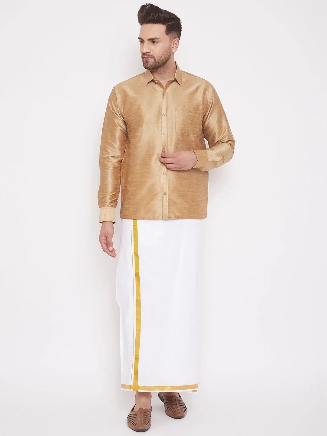 VASTRAMAY Men's Rose Gold Silk Blend Ethnic Shirt