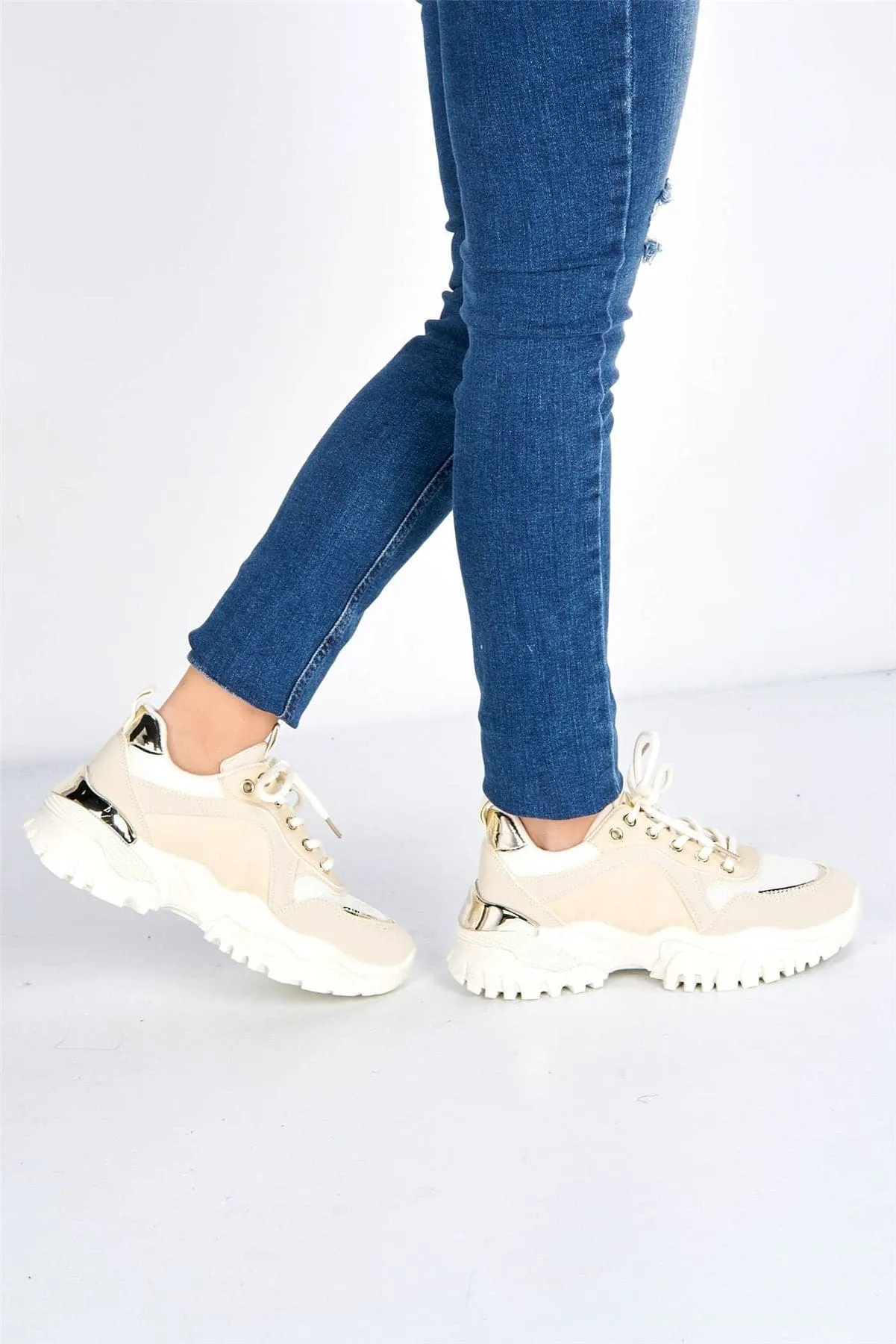 Volos Chunky Sole Gold Trim Trainer in Beige