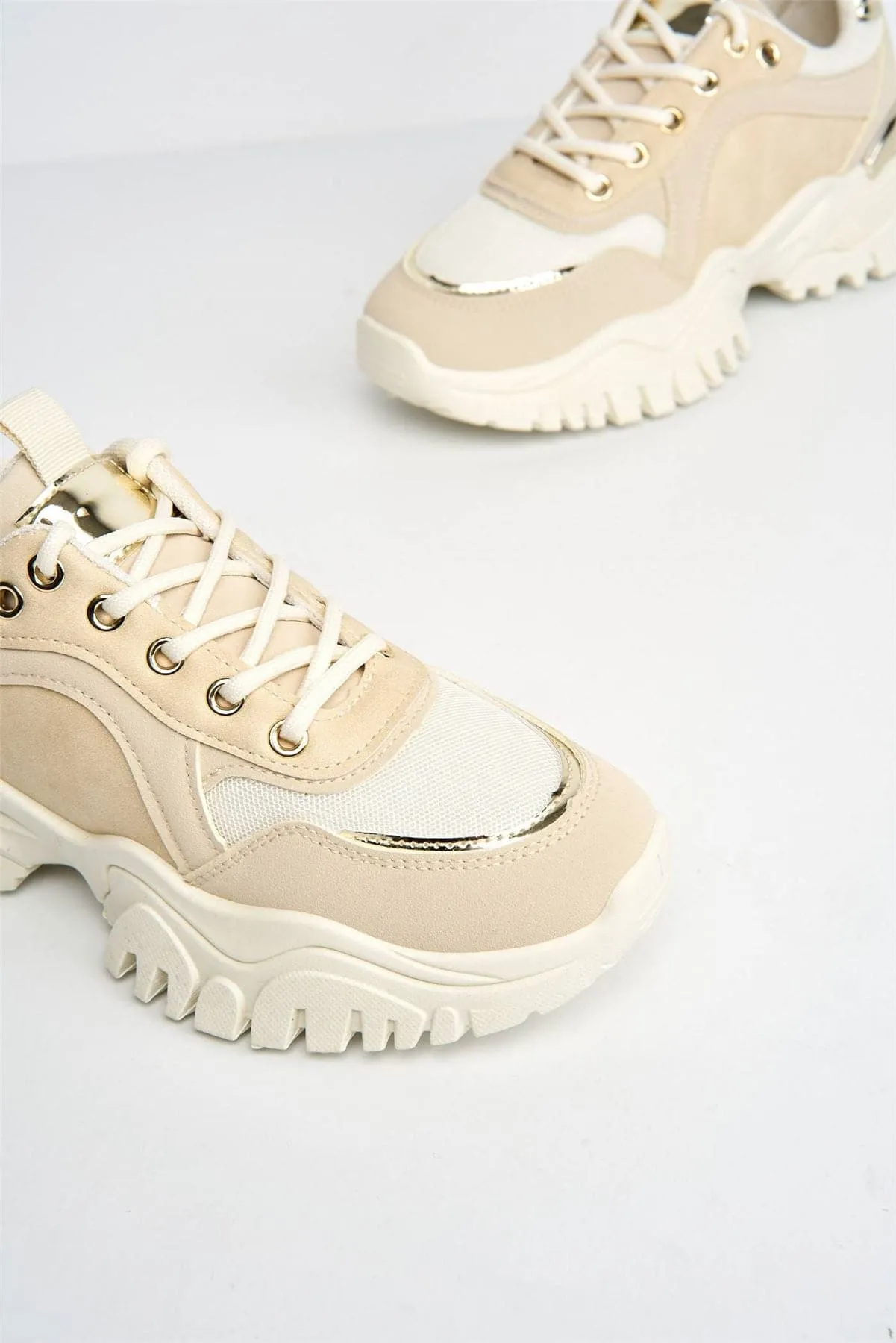 Volos Chunky Sole Gold Trim Trainer in Beige