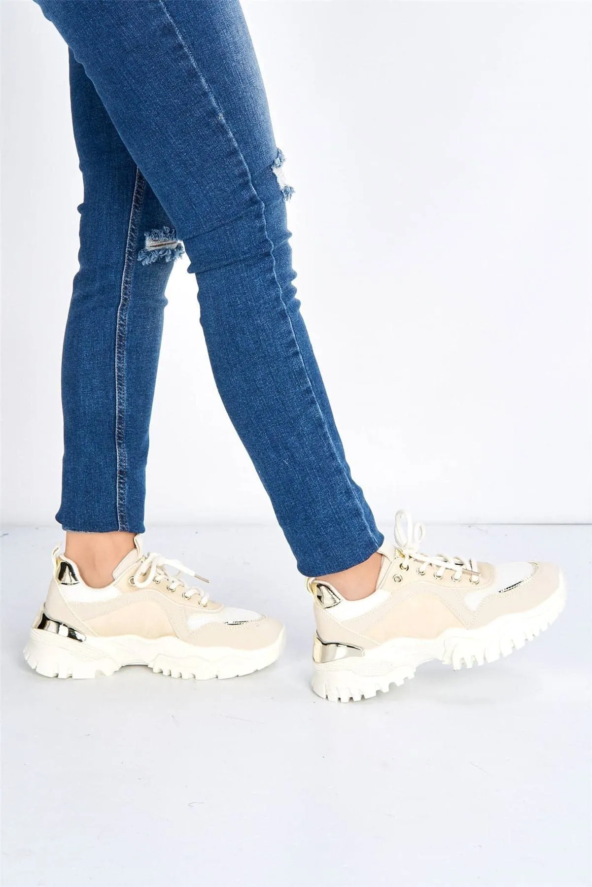 Volos Chunky Sole Gold Trim Trainer in Beige