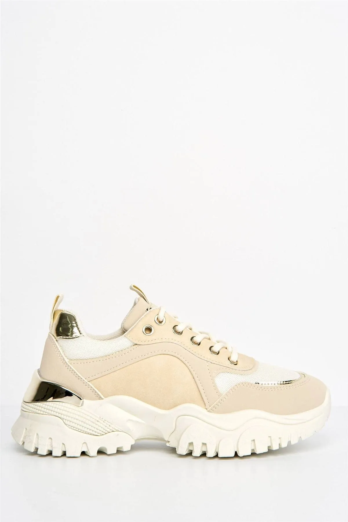 Volos Chunky Sole Gold Trim Trainer in Beige