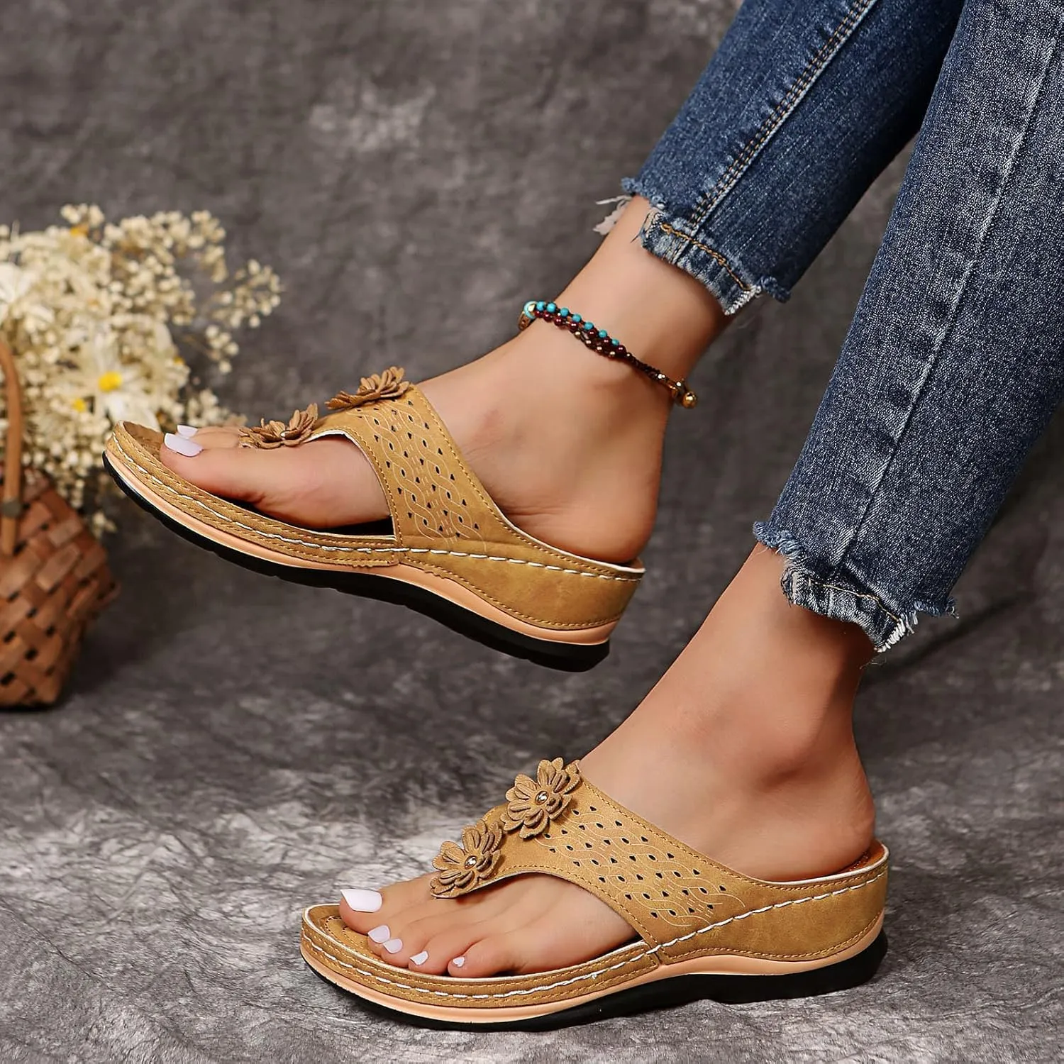 Women Wedge Sandals Orthopedic Clip Toe Orthopedic Sandals with Arch Support Casual Walking Slip on Flip Flops