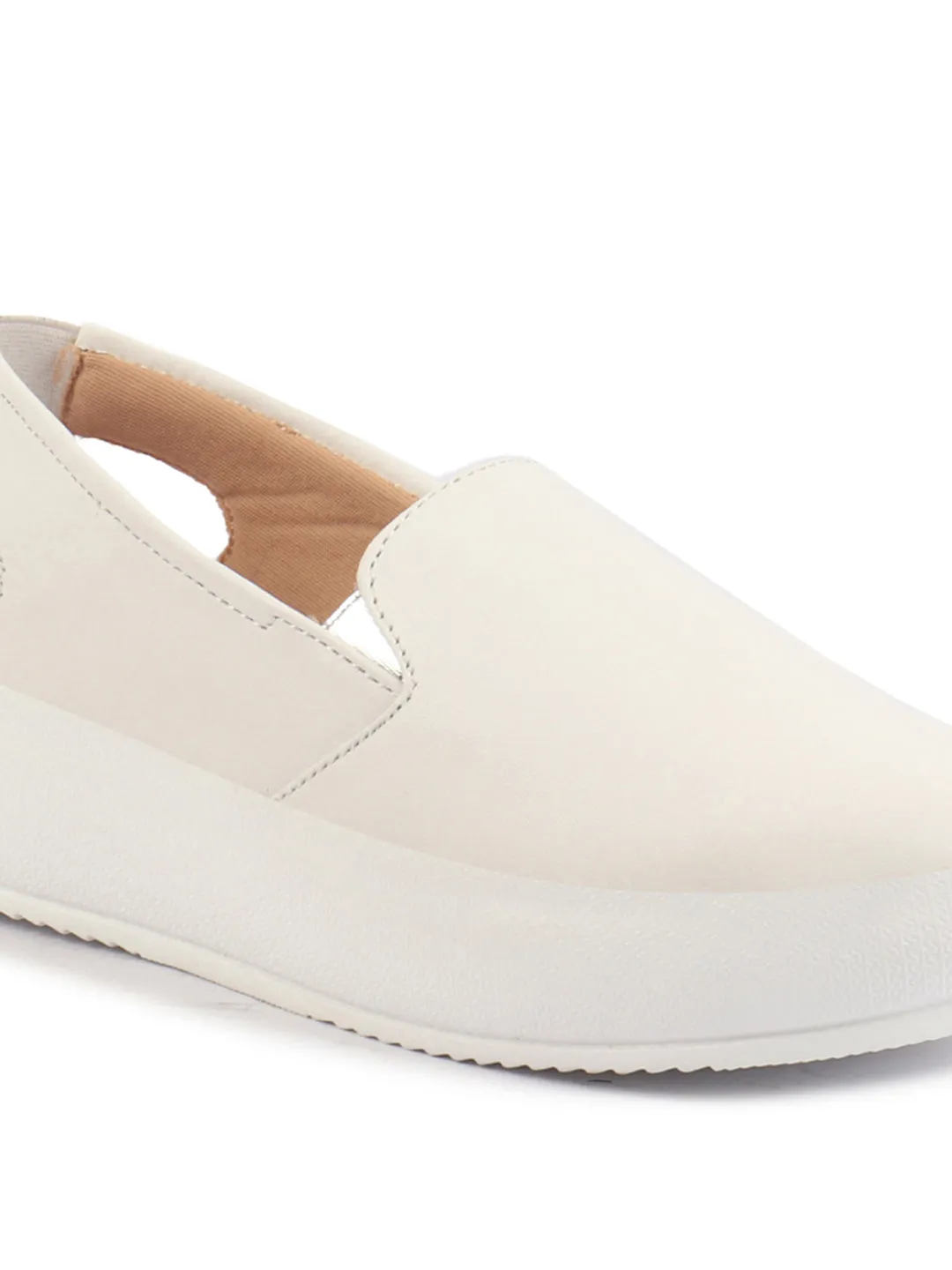Women White Height Enhancer Elastic Closure Back Strap Platform Heel Slip On Shoes|Stylish|Chunky|Weekend|Classic Sneaker Shoes