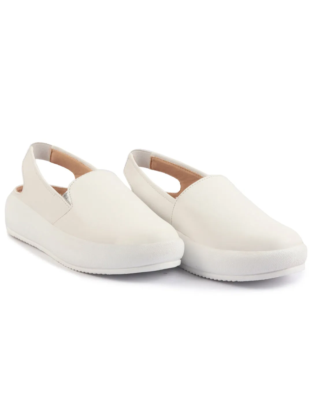 Women White Height Enhancer Elastic Closure Back Strap Platform Heel Slip On Shoes|Stylish|Chunky|Weekend|Classic Sneaker Shoes