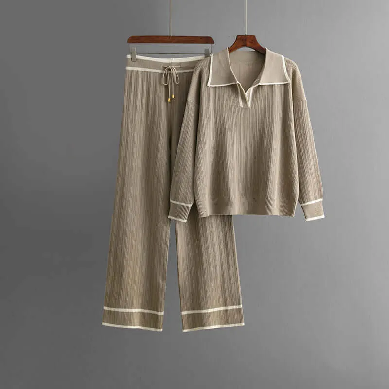 Women's Knitted Lounge Set with Wide-Leg Pants