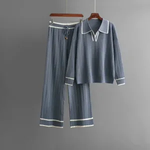 Women's Knitted Lounge Set with Wide-Leg Pants