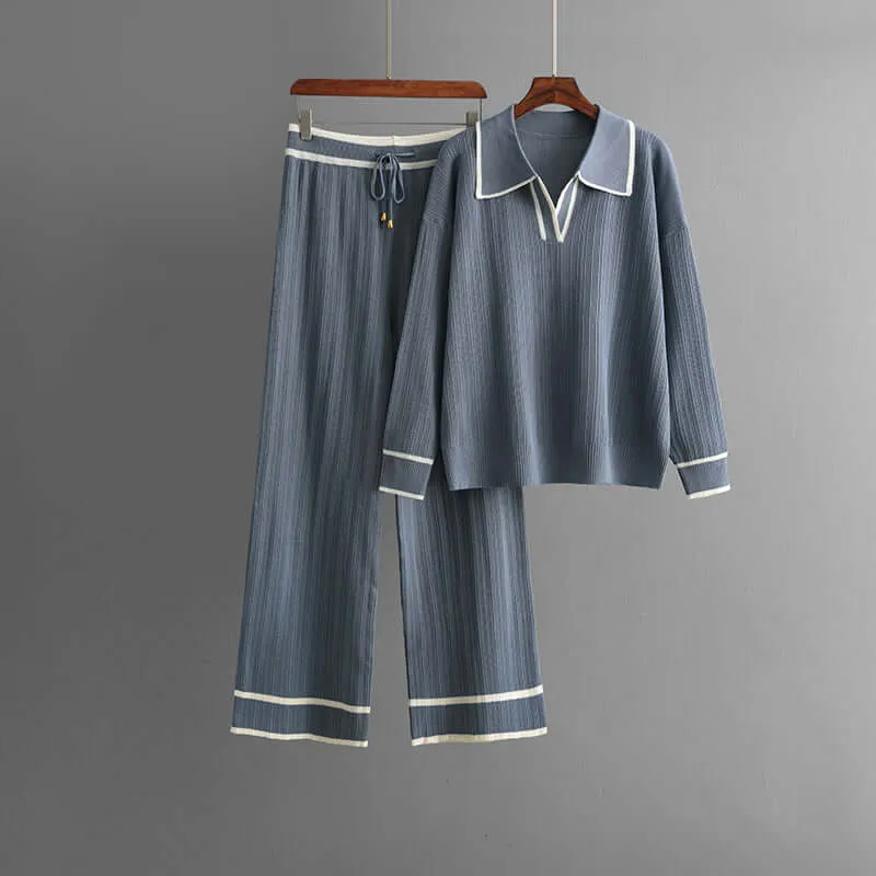 Women's Knitted Lounge Set with Wide-Leg Pants