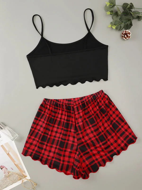 Women's Letter HONEY Printed Camisole   Plaid Printed Shorts Homewear Set