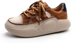 Women's Retro Leather Breathable Platform Sneakers Fashion Summer Lace-Up Non-Slip Hollow Sandals Outdoor Hiking Workout Casual Driving Shoes