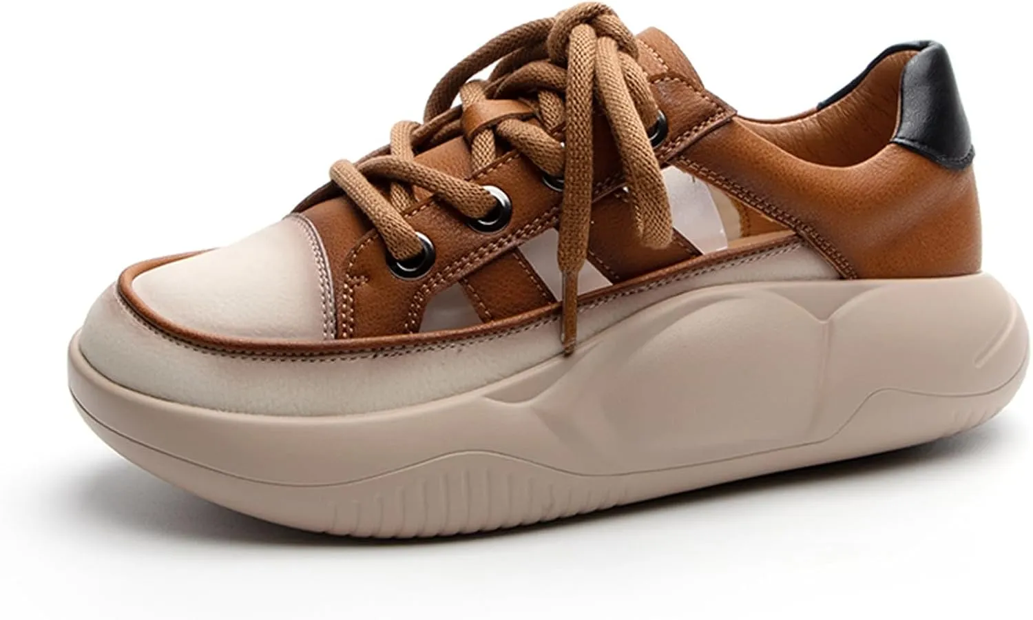 Women's Retro Leather Breathable Platform Sneakers Fashion Summer Lace-Up Non-Slip Hollow Sandals Outdoor Hiking Workout Casual Driving Shoes