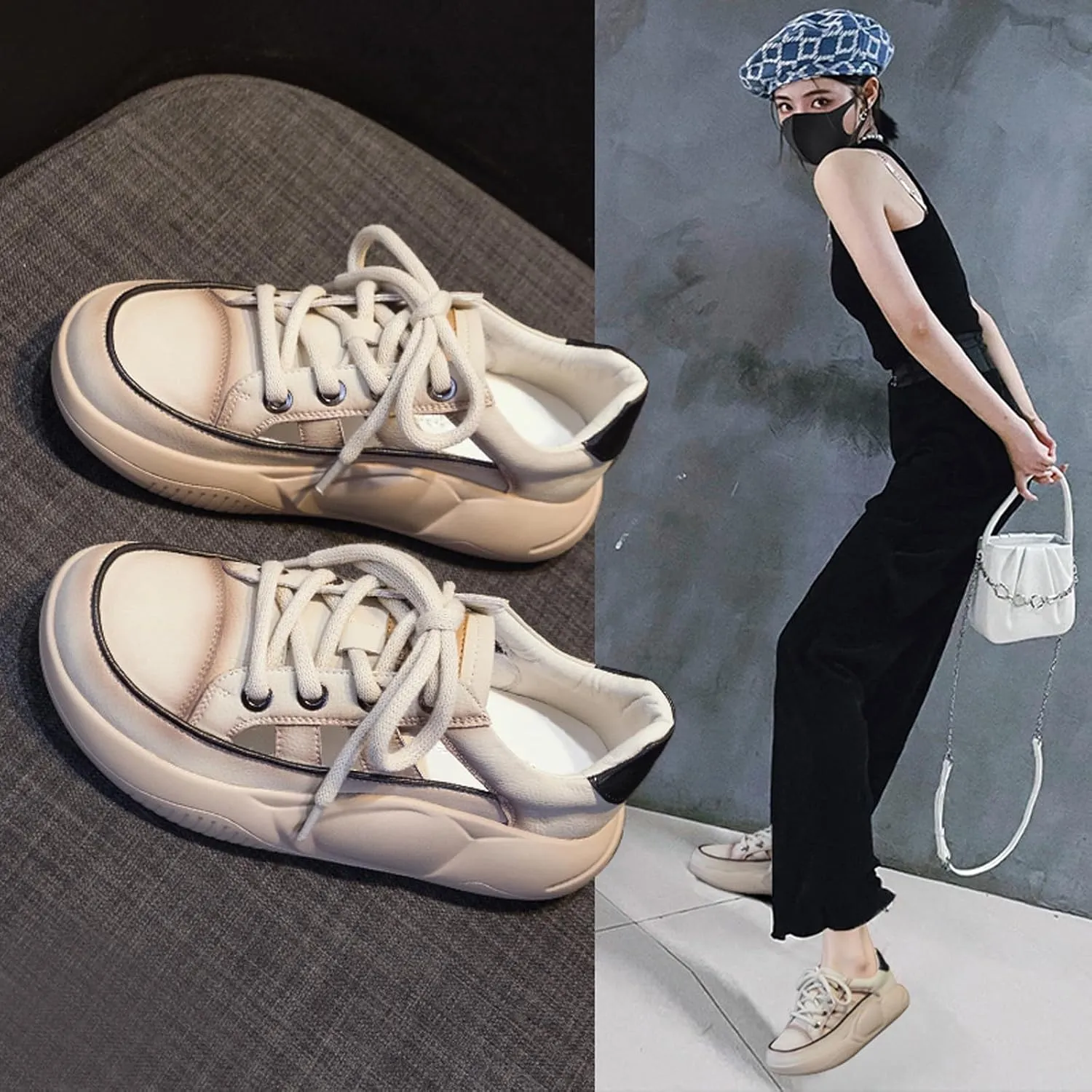 Women's Retro Leather Breathable Platform Sneakers Fashion Summer Lace-Up Non-Slip Hollow Sandals Outdoor Hiking Workout Casual Driving Shoes