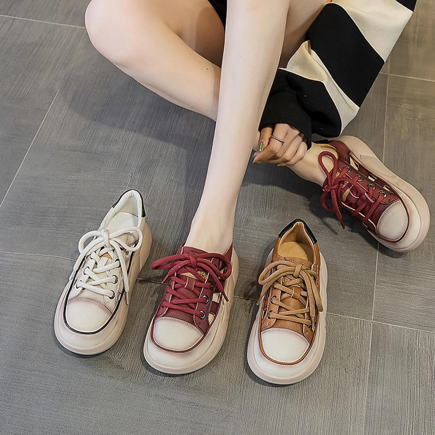 Women's Retro Leather Breathable Platform Sneakers Fashion Summer Lace-Up Non-Slip Hollow Sandals Outdoor Hiking Workout Casual Driving Shoes
