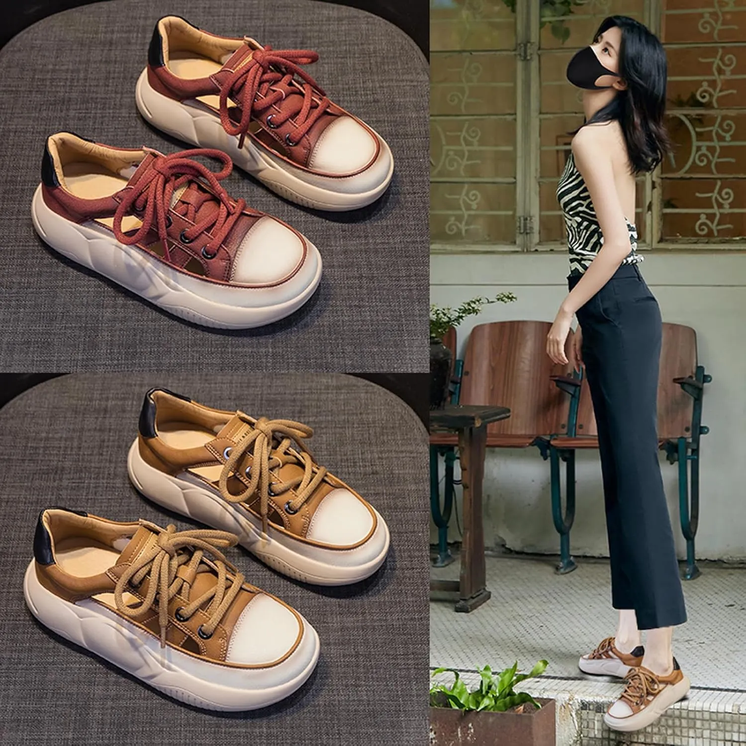 Women's Retro Leather Breathable Platform Sneakers Fashion Summer Lace-Up Non-Slip Hollow Sandals Outdoor Hiking Workout Casual Driving Shoes