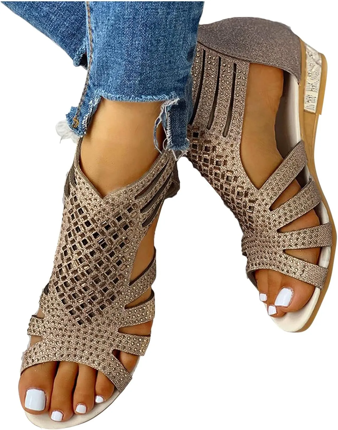 Womens Sandals Roman Sandals Low-Heel Flat Zipper Retro Hollow Breathable Casual Outdoor Shoes with Rhinestones