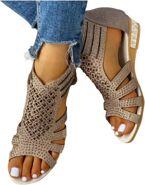 Womens Sandals Roman Sandals Low-Heel Flat Zipper Retro Hollow Breathable Casual Outdoor Shoes with Rhinestones