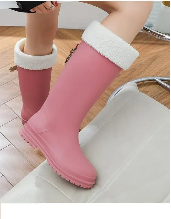 Women's Tall Waterproof Rain Boots Detachable Plush Lining Outdoor Garden Boots
