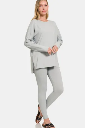Zenana Brushed Microfiber Top and Leggings Lounge Set in Light Grey