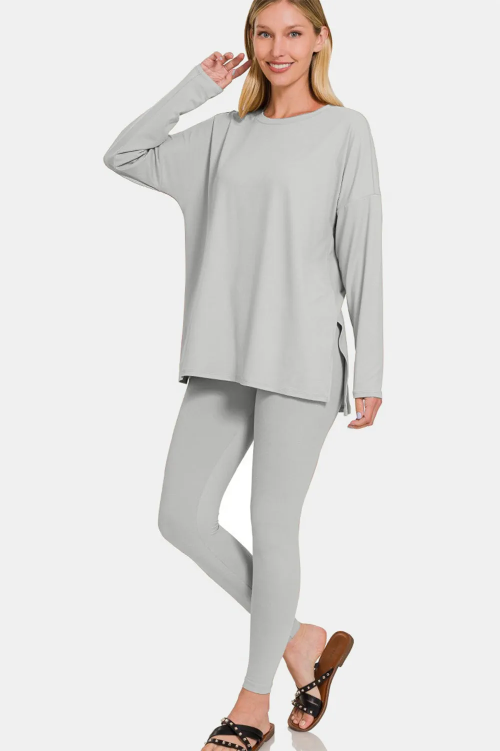 Zenana Brushed Microfiber Top and Leggings Lounge Set in Light Grey