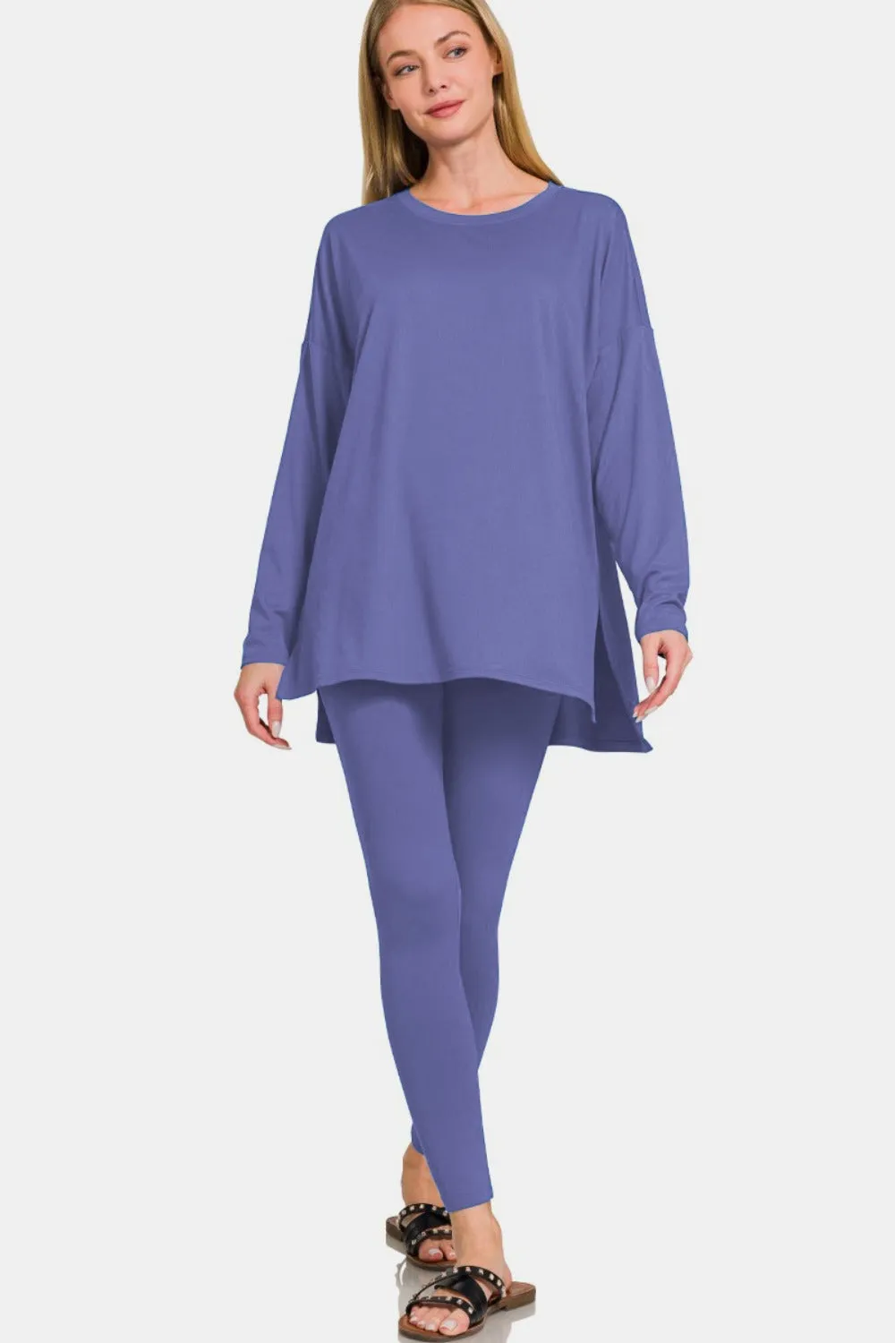 Zenana Full Size Brushed Microfiber Top and Leggings Lounge Set - Marlin